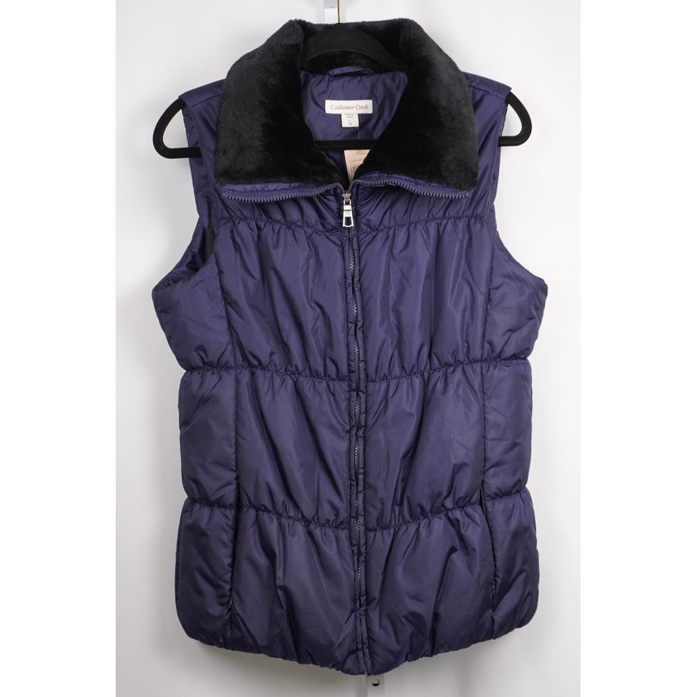 NWT Coldwater Creek Faux Fur Collar Puffer Vest Denim Blue with Black Faux Fur